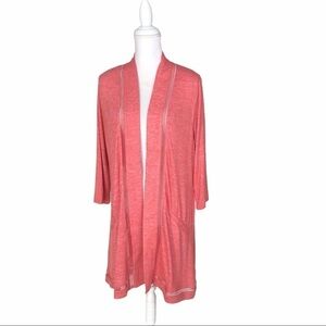 Halston long drape open cardigan sweater pink red medium short sleeves boho